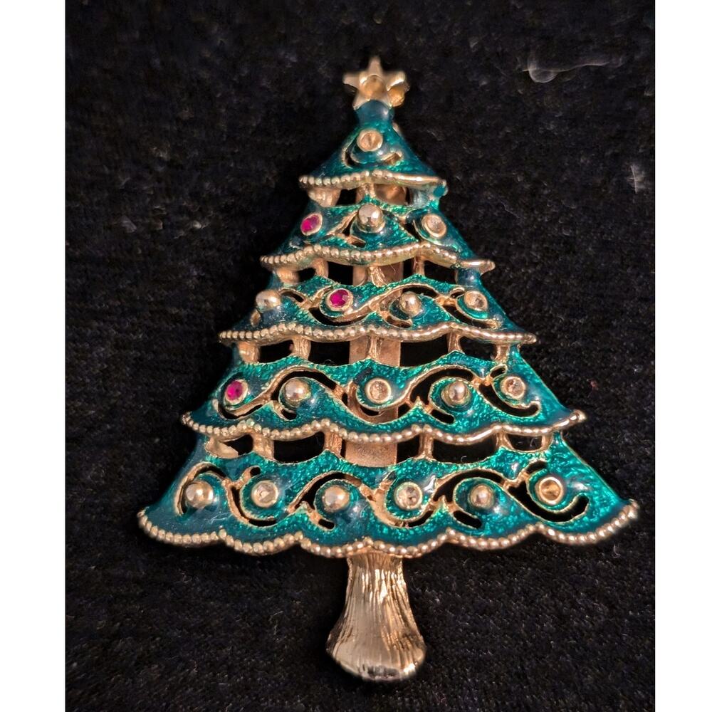 Vintage Green Enamel Gold Tone Christmas Tree Brooch